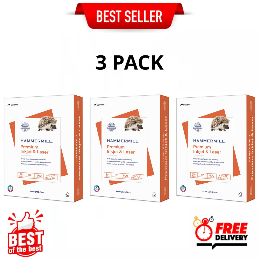 Hammermill Premium Printer Paper 24lb 8.5×11 White 500 Sheets 1 Ream, 3 Pack