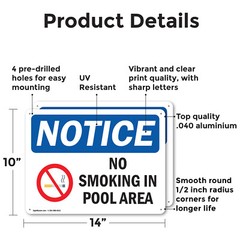 (2 Pack) No Smoking In Pool Area OSHA Notice Sign Decal Metal Plastic
