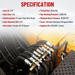 18″/24″/36″ – 3/8″ Hydraulic Hose #6 JIC Female Straight Swivel Fittings