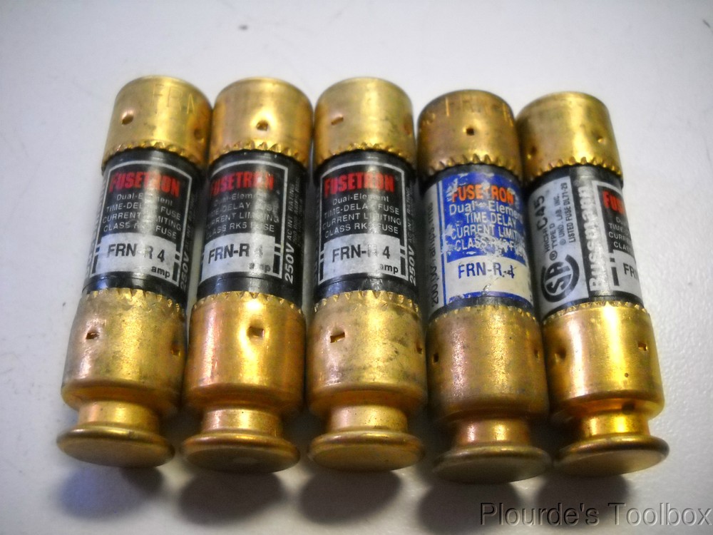 Lot of (5) New Bussmann Fusetron 250V 4A Time Delay Fuses, FRN-R-4