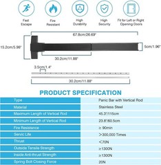 IRONWALLS Surface Vertical Rod Panic Bar, Black 27-41″ Commercial Door Push Bar