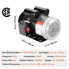 2HP Electric Motor 1725RPM AC 115V/230V 56C Frame 1-Phase 5/8″ Keyed Shaft
