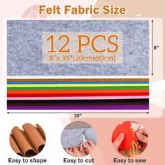 12 Rolls 8″X35″(20.5X90Cm) 1.4Mm Thick Soft Felt Fabric Sheet 12 Assorted Classi