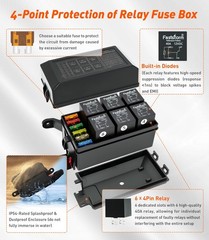 6 Way Waterproof Relay Box with Diodes, Pre-Wired 12V Panel for Car Marine Boat