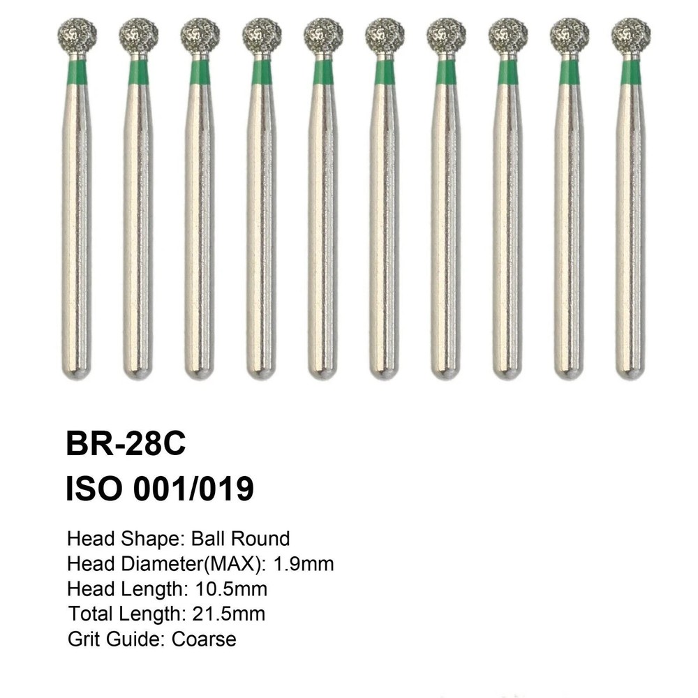 10 Pc Dental FG Long Round Ball High Speed Bur Coarse Grit Diamond Burs BR-28C ﻿