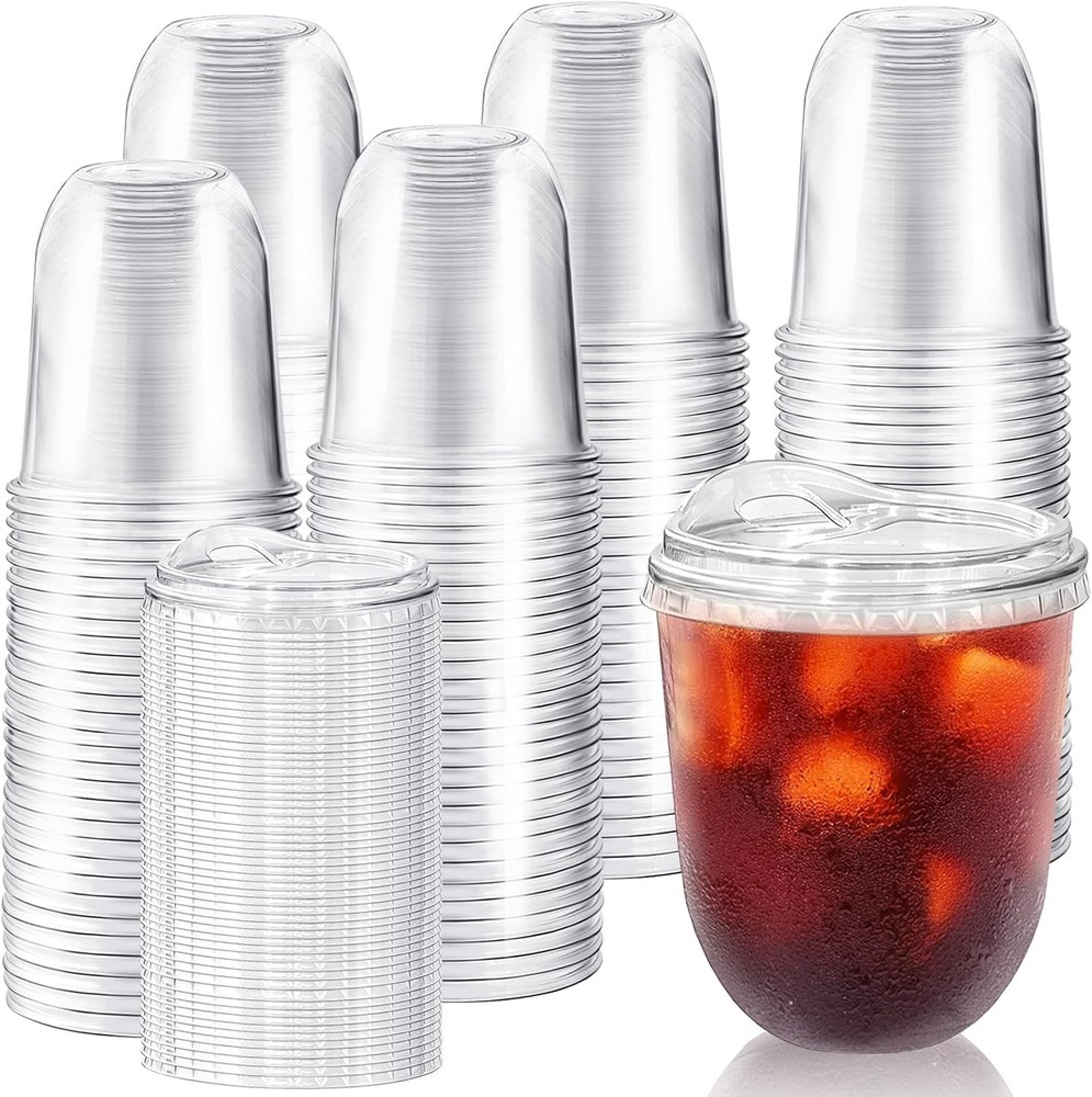 50-Pack 16oz Clear PET Cups w/Strawless Lids for Iced Coffee & Cold Drinks