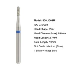 Dental Diamond Bur 330 FG Long Pear Head 830L/008M Medium Standard Grit Burs