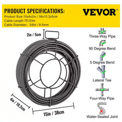 Drain Cleaning Cable 75 Ft. X 3/8 In. Solid Core Cable Sewer Cable Drain Auger C