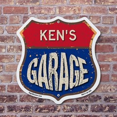 Ken’s Garage Shield Shaped Sign Weather Resistant Crafted in the USA
