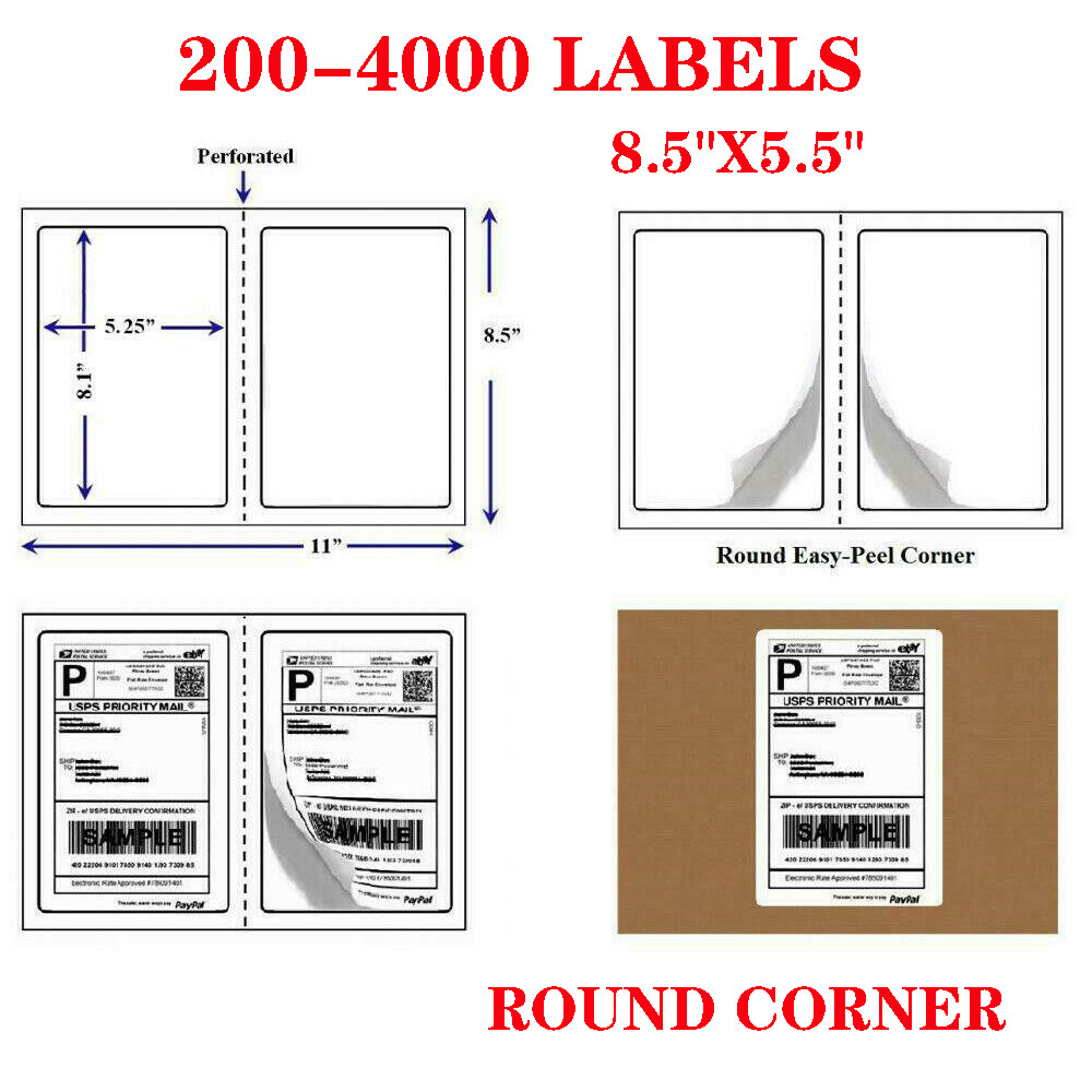 Premium 8.5×5.5 Rounded Corner Shipping Postage Labels Half Sheet Self Adhesive
