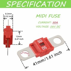 Midi Fuse Holder and 2 High Current Fuses for Cars, Trucks, Vehicles (50 Amp)