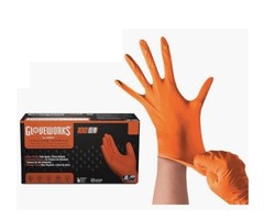 1- GLOVEWORKS HD Orange Nitrile Disposable Gloves 8 Mil XL size box of 100