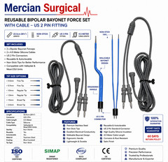 2PCS Bayonet Bipolar Forceps Set w/ 2 Cables US 2 Pin Non-Stick 22.5cm 0.5-2.0mm