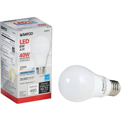 1Pc Satco 40W Equivalent Natural Light A19 Medium Dimmable LED Light Bulb