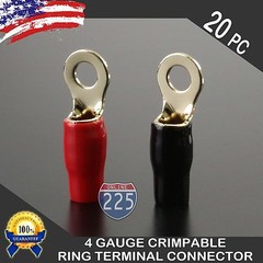 4 Gauge Gold Ring Terminal 20 Pack 4 AWG Wire Crimp Red Black Boots 5/16″ Stud