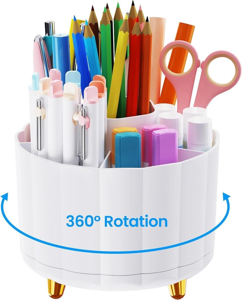 360 Rotating Pencil Pen Holder for Desk, White Pen Organizer with 6 Slots
