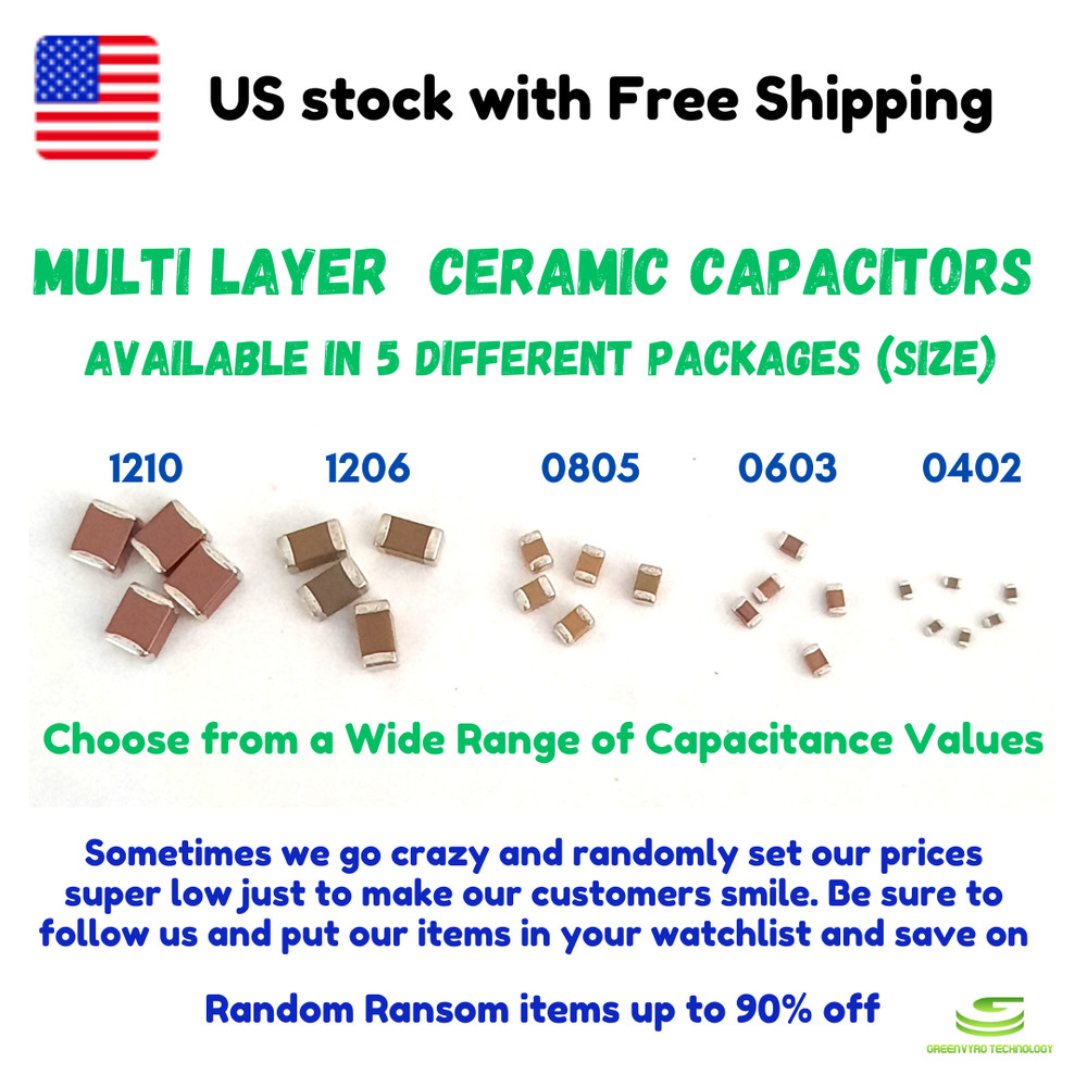 50pcs, SMD (MLCC) Ceramic Capacitor, 0402, 0603, 0805, 1206, 1210, X5R, X7R, Y5V