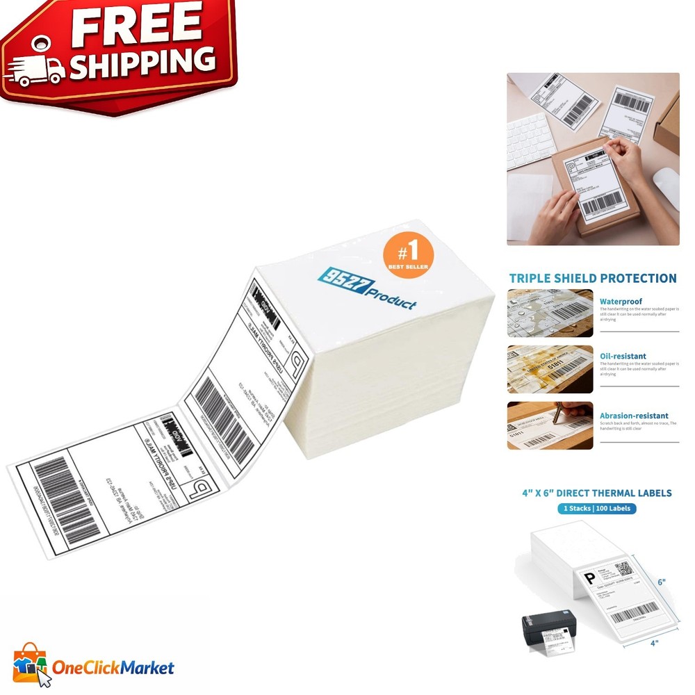 100-Pack 4 x 6 Thermal Labels – Perforated Shipping Labels with Strong Adhesive