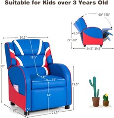 Kids Recliner Gaming Chair Blue Footrest Lumbar Support