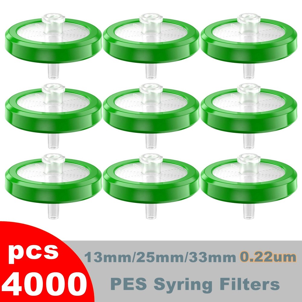 4000PCS PES Membrane HPLC Syringe Filters 13mm/25mm/33mm 0.22μm Pore Size Green