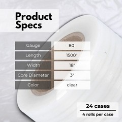 96 Rolls 80 Gauge 18″ x 1500′ Packing Blown Hand Clear Stretch Wrap Shrink Film