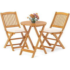 3-Piece Acacia Wood round Table 18 In. Outdoor Bistro Set with Beige Cushions