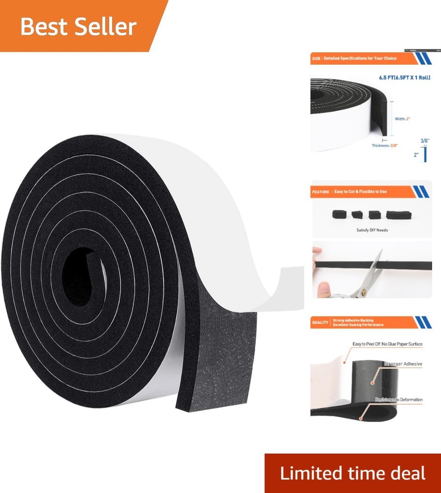 Durable 6.5FT Weatherstrip, 2×3/8in Black Adhesive Foam Tape for Home Insulation