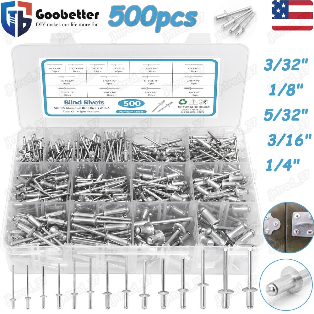 500pcs Pop Rivets Assortment Kit 14 Size SAE Assorted Aluminum Blind Rivets Set