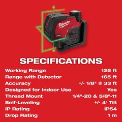 MILWAUKEE – 3622-21 – M12 GREEN CROSS LINE & PLUMB POINTS LASER KIT – BRAND NEW!