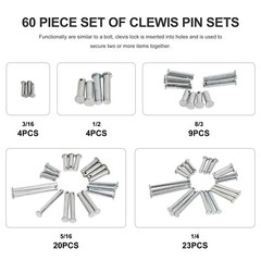 60 Pc Clevis Pin Assortment Set 3/32 in,1/8 in and 5/32 in Pin Hole