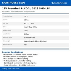 20 x 12v PLCC2 3528 1210 Cool Clear White SMD LED PreWired LED 9v-18v Prewired