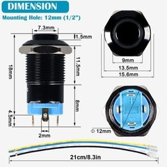 12mm Latching Push Button Switch Metal Shell Black 12V 24V 4 Pin 1NO Waterproof