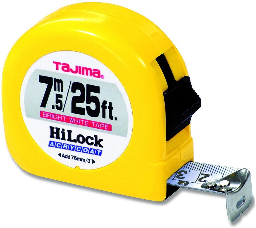 TAJIMA Tape Measure – 25 ft / 7.5 m x 1 inch Hi-Lock Measuring 7.6 m, yellow
