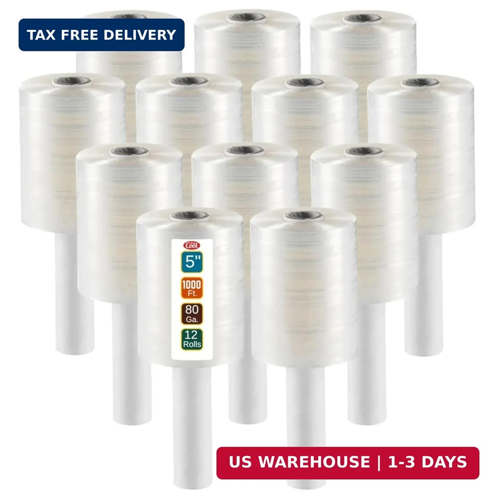 12 Pack Industrial Strength Mini Hand Stretch Wrap 5″ 1000 Ft Roll 80 Gauge Thic