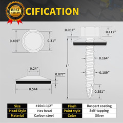 Metal Roofing Screws #10 X 1-1/2″, 300 PCS, RUSPERT Hex Head Rubber Washer Shee