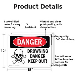 (2 Pack) Drowning Danger Keep Out! OSHA Danger Sign Decal Metal Plastic