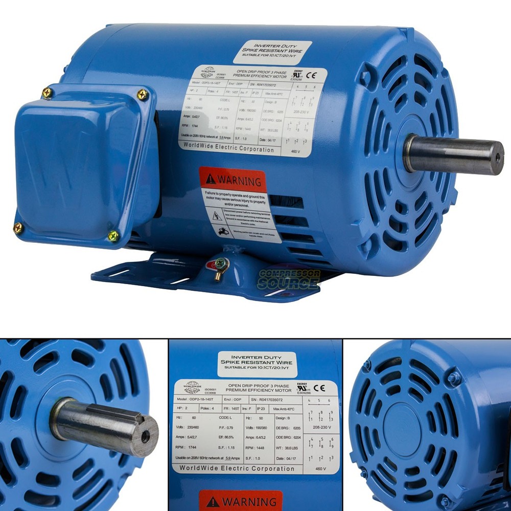 2 HP 3 Phase Electric Motor 1800 RPM 145T Frame ODP Open Drip Proof 230/460V