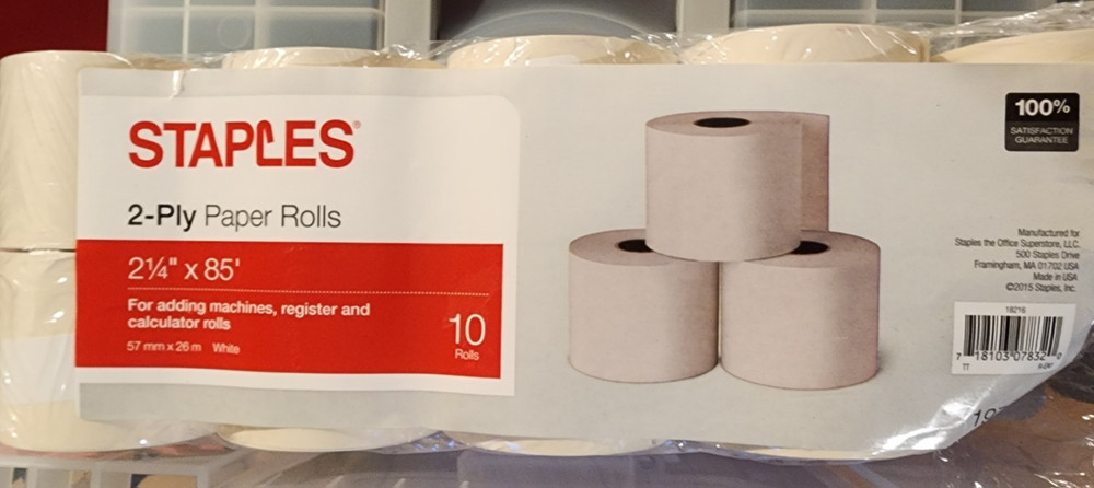 Staples 2-Ply Paper Rolls 2 1/4 in x 85 ft 9 Pack for Registers, Calculators