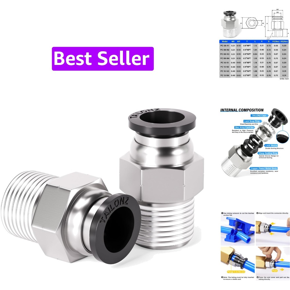 Male Straight 8mm Tube OD x 1/4 Inch NPT Thread Push to Connect Fittings PC8-…