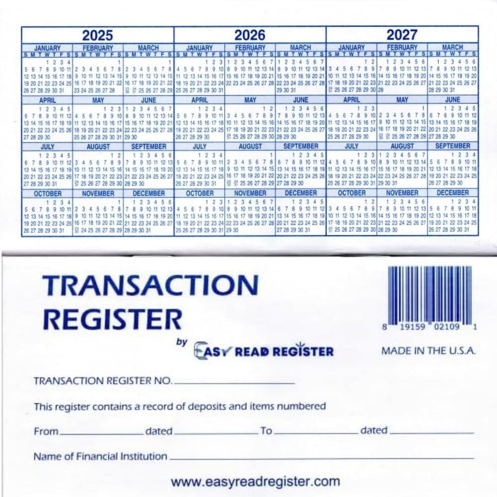 12 Pack Checkbook Registers with 2025 2026 2027 Calendars Made in USA