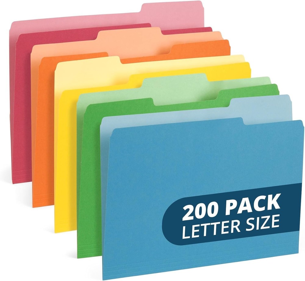 200 Blue Summit Supplies Colorful File Folders with Tabs, Multi Colored File Fol