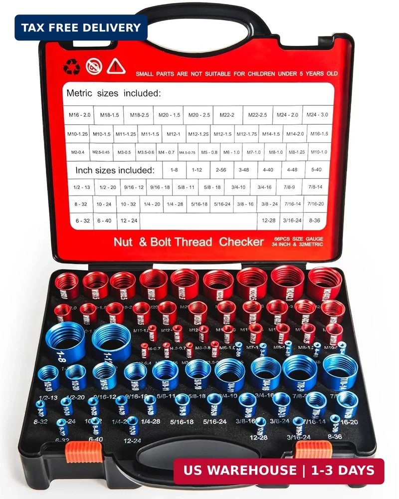 66-Piece Nut and Bolt Thread Checker Kit | 34 SAE (Blue) + 32 Metric (Red) Threa