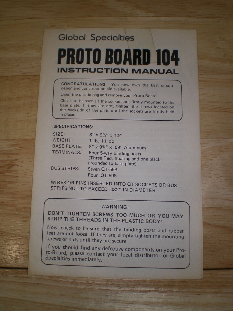 Instruction Manual Proto Board 104 Global Specialties Corporation 1980