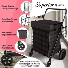 Folding Utility Shopping Cart with Double Basket, Swivel Wheels