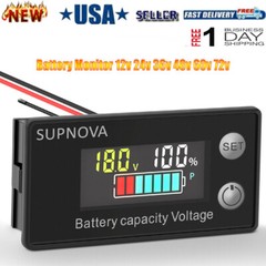 2PCS Battery Monitor Meter 12V 24V 36V 48V 60V 72V Capacity Tester With Alarm US