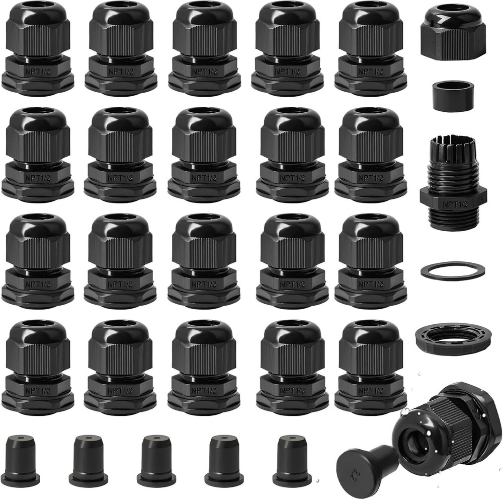 30PCS 1/2″ NPT Cable Gland, IP68 Waterproof Adjustable Strain Relief Cord Connec
