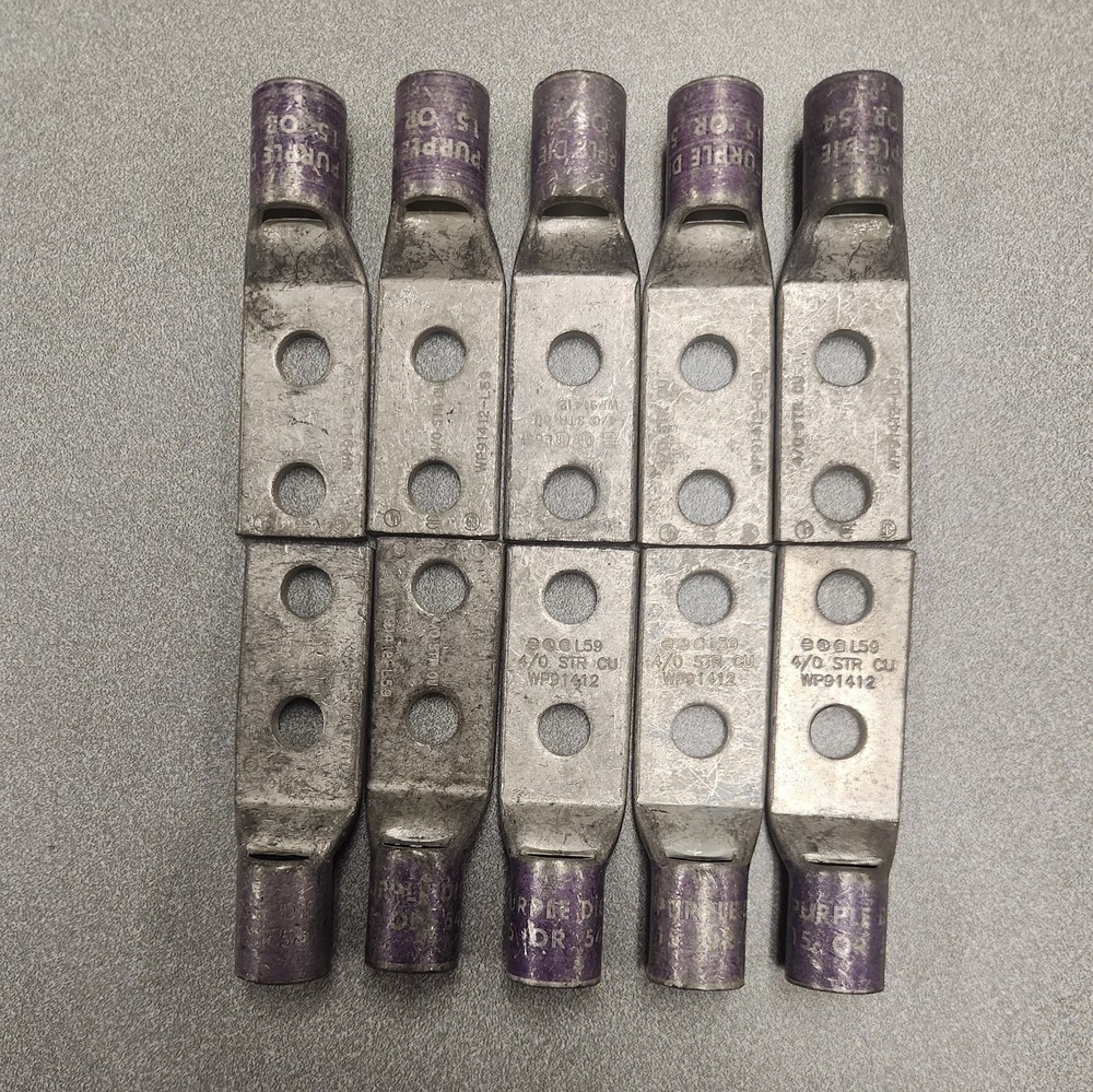 (10) Lug Ends 3/8″ X 1″ spacing 4/0 AWG STR CU Purple Die 15 54