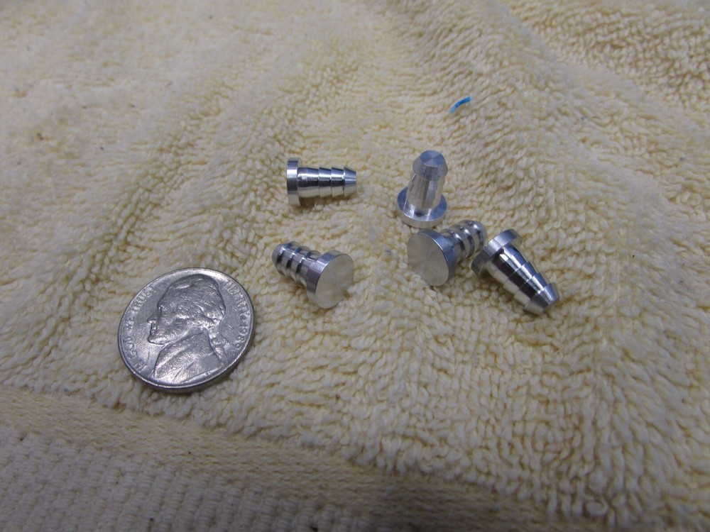 (5) 0.25 inch Aluminum Barbed Hose Plugs, Lot of 5, New, 3 Barbs, Solid AL, RB3