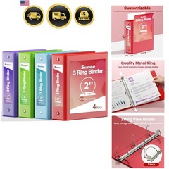 Binders 2 Inch 3 Ring 4 Pack, 2″ Classic 4-Color Binder Set 8.5×11 Inches for…