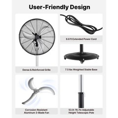 Uimoso 24 in Industrial Pedestal Fan,HighVelocity,6800CFM,Waterproof,Oscillating